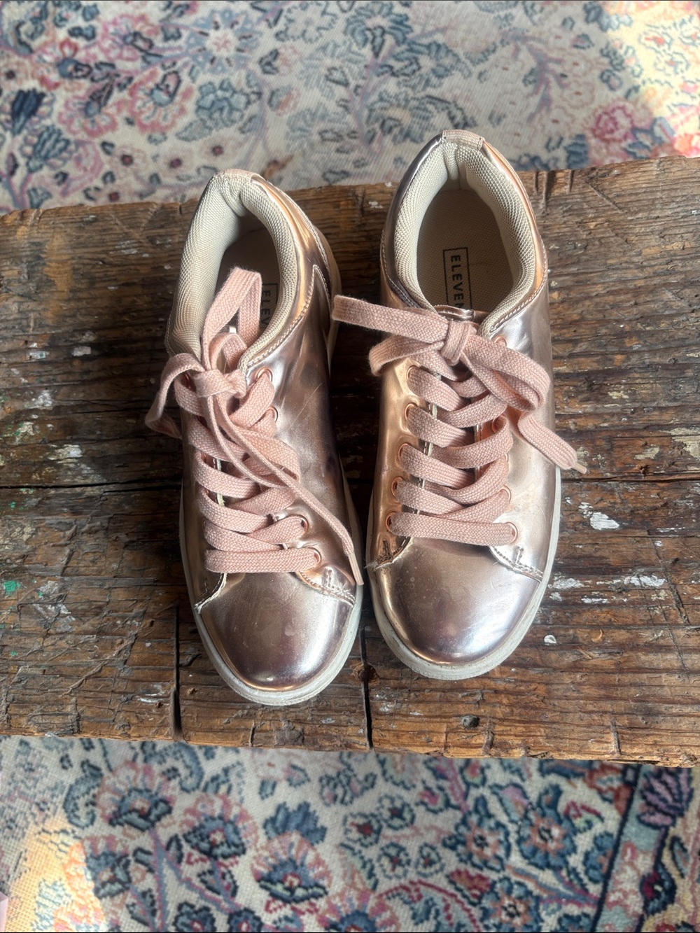 Eleven Paris Rose Gold Kids Sneakers with Pink Laces